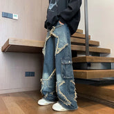 Threebooy Trendy Star-printed Men's Jeans Loose-fit Hip-hop Style Casual Trousers Wide-leg American Style Functional Working Pants